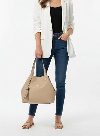 Bolsa Grande Couro Gloss Bege 43cm