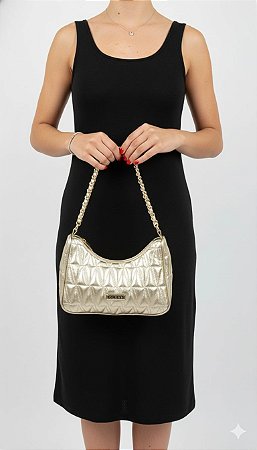 Bolsa Dourada Couro Gloss Alça Corrente