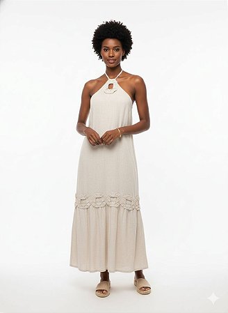 Vestido longo cru em linho com viscose Haes