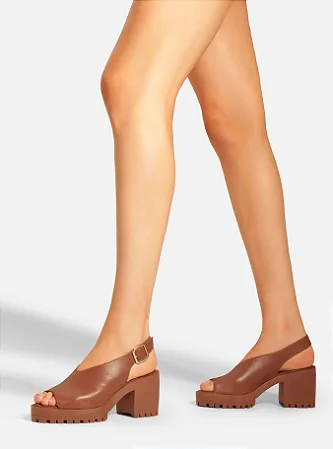 Sandália Caramelo Couro Salto Bloco 8cm Arezzo