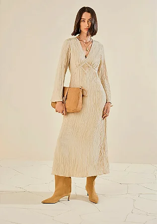 Vestido Morena Rosa Off White Midi Manga Longa