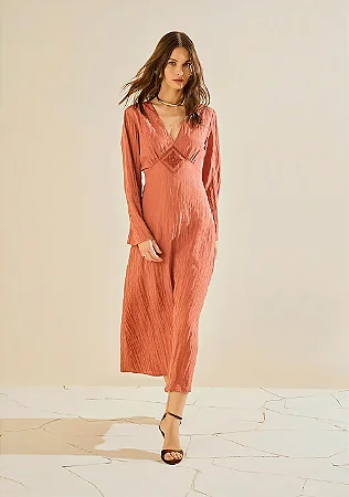 Vestido Morena Rosa Midi Manga Longa