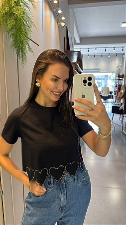 TSHIRT CROPPED CORAÇOES PRETA MYFT 502TS004563