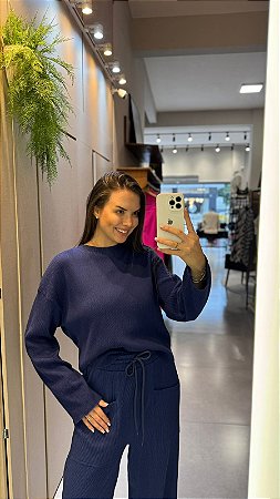 BLUSA MANGA LONGA TEXTURA AZUL MARINHO FARM 338342