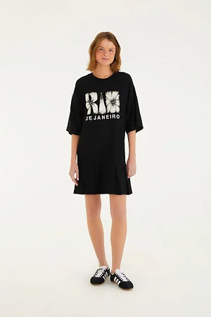 Vestido Curto Pregas Rio Flor Preto