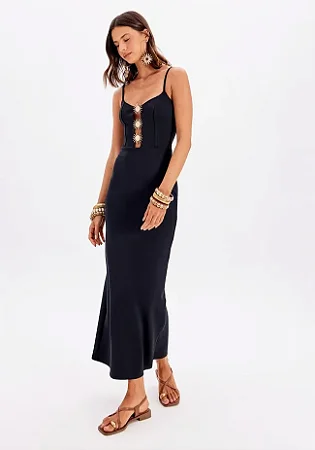 Vestido Super Midi Com Aplicação e Fenda MYFT