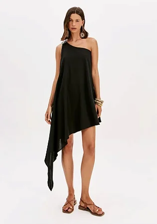 Vestido Curto Assimétrico Com Linho