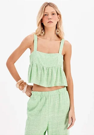 Blusa Cropped Ampla Com Linho Listrada