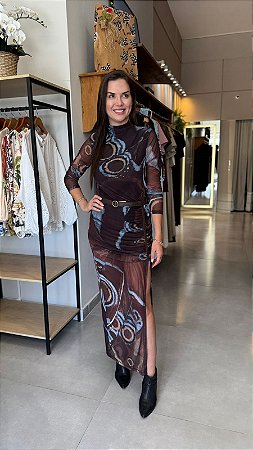 Vestido Super Midi Estampado Manga Longa Com Cinto MYFT 502VE012389