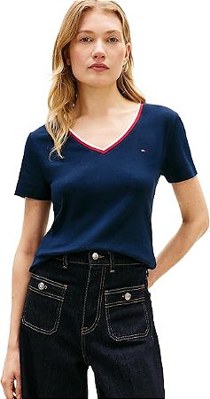 CAMISETA 1X1 RIB RWB SLIM V-NK S/S TEE AZUL MARINHO TOMMY HILFIGER THWW0WW49425