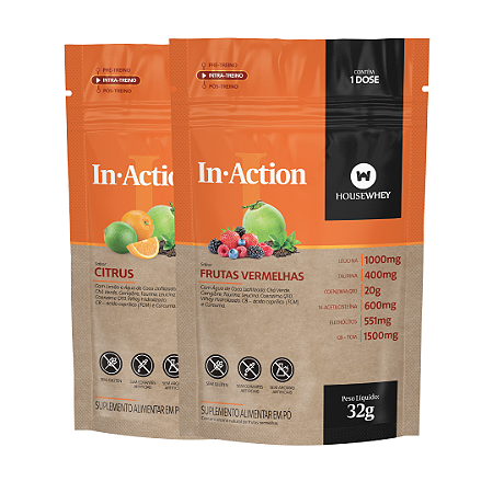IN-ACTION - caixa mix de sabores Citrus e Frutas Vermelhas - 15 sachês individuais de 32g