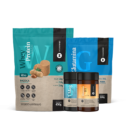 COMBO DESEMPENHO ESSENCIAL - Wpi paçoca 450g + Glutamina + Vitamina D3 + 5 Magnésium - Treonina