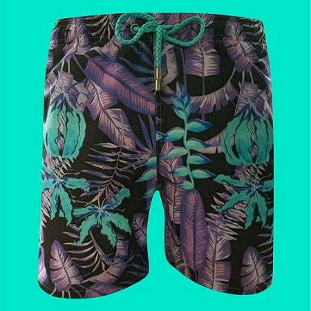 Short Água Harman Preto Folhas Diferentes