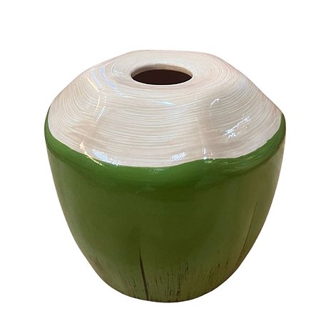 Coco Cerâmica Verde Com Bege Decorativo Festa Vaso Cachepot