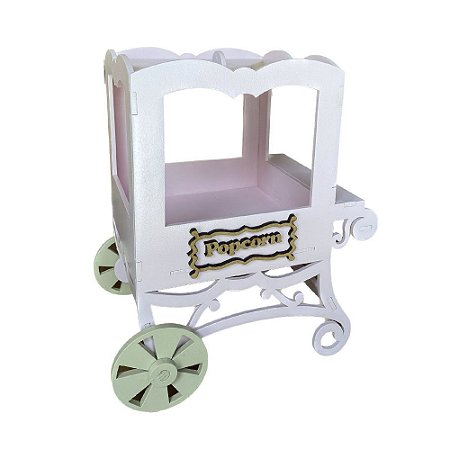 Carrinho De Pipoca Rosa Bebê Rodas Bege Festa Circo Mdf