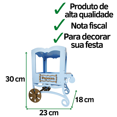 Carrinho De Pipoca Azul Bebê Rodas Bege Festa Circo Mdf