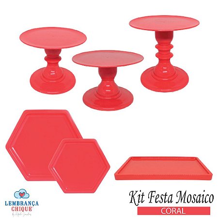 Kit Festa Mosaico Coral Peças Decorativas Mesa Só Boleiras