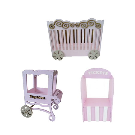 Kit Mini Circo Decoração Para Festa Rosa Bebê Mdf 3 Peças