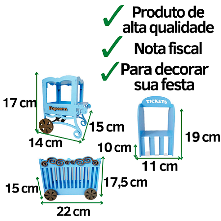 Kit Mini Circo Decoração Para Festa Azul Bebê Mdf 3 Peças