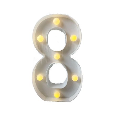 Numero 8 Branco Led Luz Amarela Decorativo Enfeite 22CM