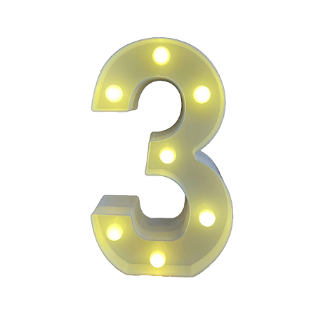 Numero 3 Branco Led Luz Amarela Decorativo Enfeite 22CM