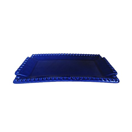 BANDEJA RETANGULAR BOLINHA PORCELANA AZUL MARINHO
