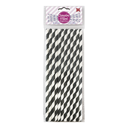 Canudo Listrado Preto e Branco De Papel Decorar Make+ 10uni