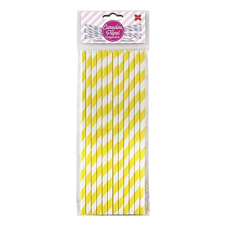 Canudo Listrado Amarelo e Branco De Papel Decorar Make+ 12uni