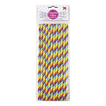 Canudo Listrado Arco Iris De Papel Decoração Festa Make+ 12un