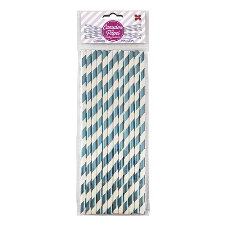 Canudo Listrado Azul E Branco Metalizado De Papel Make+ 12un