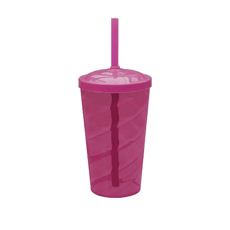 Copo Fest Twister Tampa E Canudo Rosa Fluor 400ml Plástico