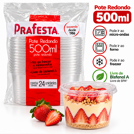 kit Pote e Tampa Redondo Embalagem Plástico 500ml 24un