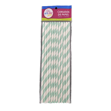 Canudo Listrado Verde Água De Papel Artlille 12un 19CM