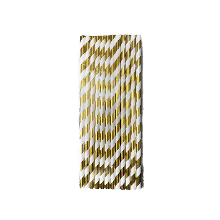Canudo Listrado Ouro e Branco De Papel Decorar Make+ 12uni