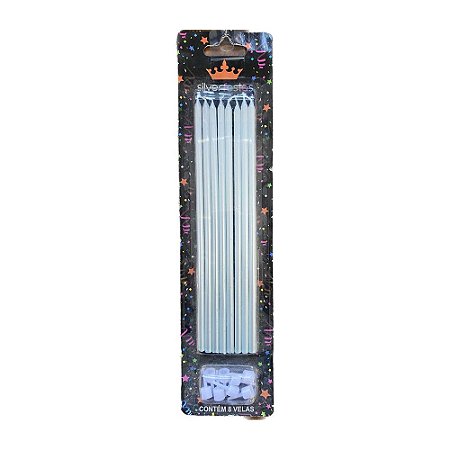 Vela Grande Azul Metalizada Decoração 18cm 8un Silver Festas