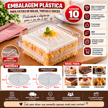 Embalagem G655 Plástica Quadrada C/Tampa 300ml Transparente 10un