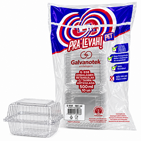 Embalagem G658 C/Tampa Articulada 500ml Transparente 10un