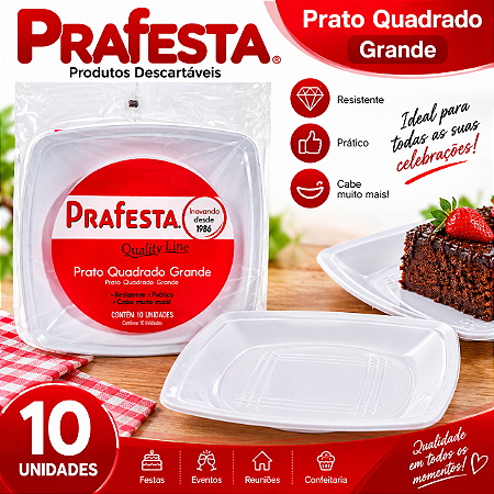 Prato Quadrado Grande Refeição Branco Descartável 10uni
