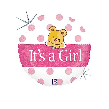 Balão Its a Girl Ursinho Rosa 18" 46cm Holográfico Decoração