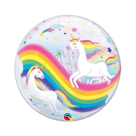 Balão Bubble Happy Birthday Unicornio 22" 56cm Festa Qualatex