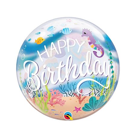 Balão Bubble Happy Birthday Sereia 22" 56cm Festa Qualatex
