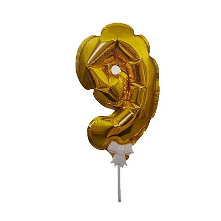 Balão 7" Número 9 Dourado Metalizado C/Vareta Decoração