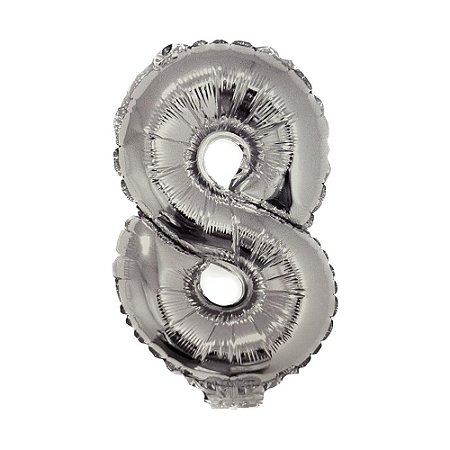 Número 8 Metalizado 16" 41cm Prata Balão C/Vareta Não Flutua