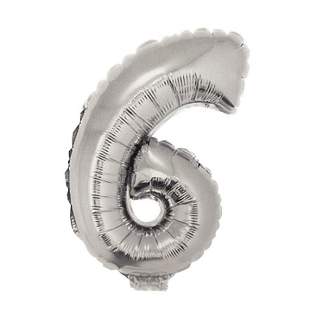 Número 6 Metalizado 16" 41cm Prata Balão C/Vareta Não Flutua
