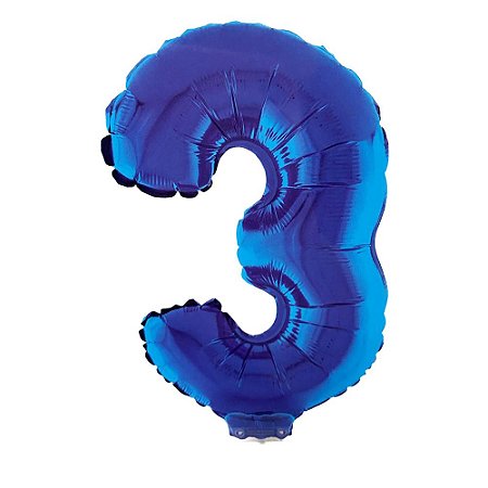 Número 3 Metalizado 16" 41cm Azul Balão C/Vareta Não Flutua