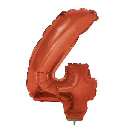 Número 4 Metalizado 16" 41cm Vermelho Balão C/Vareta Não Flutua
