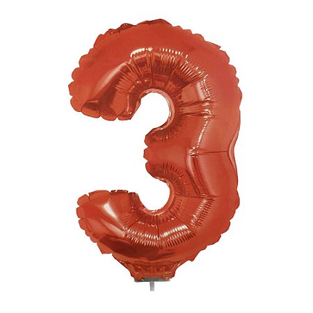 Número 3 Metalizado 16" 41cm Vermelho Balão C/Vareta Não Flutua