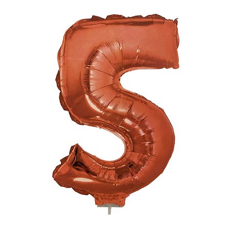 Número 5 Metalizado 16" 41cm Vermelho Balão C/Vareta Não Flutua