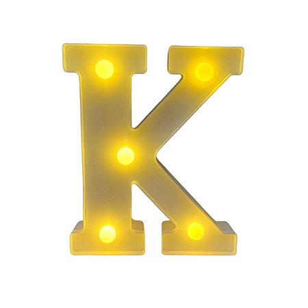 Letra Led K Plástico Branco 16Cm Luz Amarela Decorativa