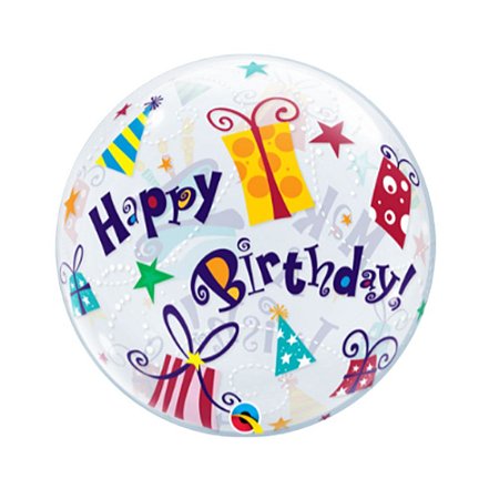 Balão Bubble Happy Birthday Presentes 22" 56cm Festa Qualatex